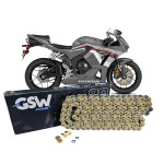 CORRENTE GSW PRIME 525 SX 122L DOURADO/PRETO - HONDA CBR 600RR CB 650R CBR 650F CBR 1000RR; YAMAHA MT-09 YZF-R6 TRACER 9; KAWASAKI Z900 NINJA 650 NINJA 1000; SUZUKI GSX-S750 GSX-R600 GSX-R1000; BMW F900R F800GS