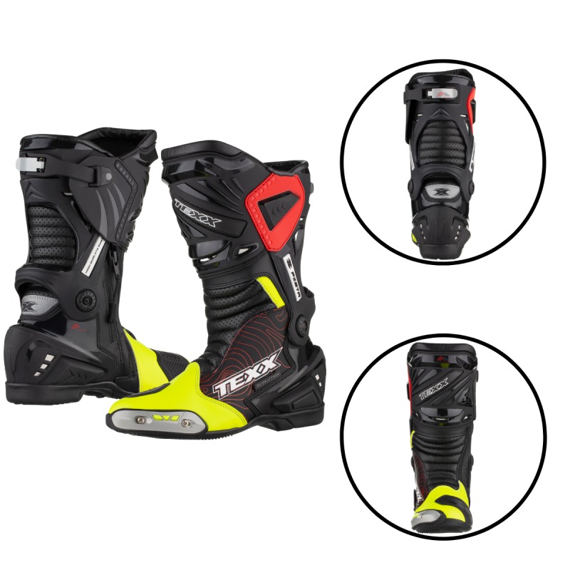 BOTA ESPORTIVA P/ MOTOCICLISTA TEXX PISTA PRETA, VERMELHA E AMARELA TAM 42