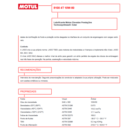 LUBRIFICANTE ÓLEO DE MOTOR - MOTUL - 5100 4T 10W50 - SEMI SINTÉTICO - 1 LITRO LUBRIFICANTE ÓLEO DE MOTOR - MOTUL - 5100 4T 10W50 - SEMI SINTÉTICO - 1 LITRO